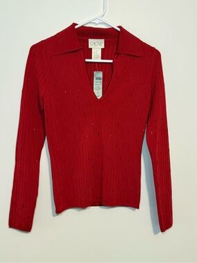 Cache 78% Silk/ 22% Spandex Red Ribbed V-Neck Pointelle Sweater